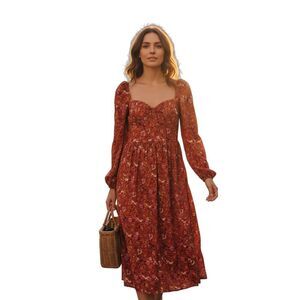BOG Collective Size L Prairie Maxi Dress Orange Rust Floral Utah Mom Boho Modest